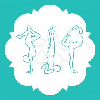 Pilates, fitnes, yoga line silhouettes pose of set. Vector illustration