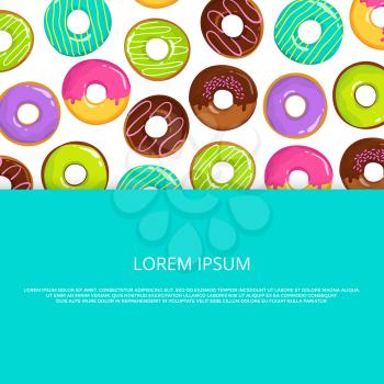Cartoon colored glazed donuts banner or poster template. Vector illustration