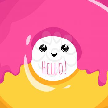 Cute hello card with glazed donut and cartoon eyes. Vector illustration
