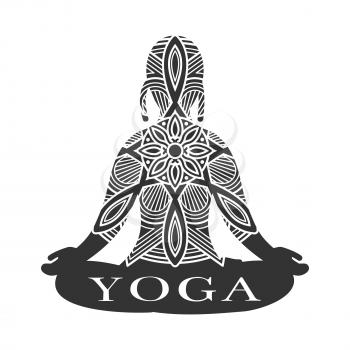 Meditation female silhouette with lace effect. Yoga studio logo vector illustration