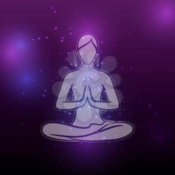 Violet shiny yoga meditation female silhouette. Vector illustration of meditation pose
