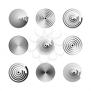 Concentric circles abstract geometric vector patterns. Circular shapes and round waves. Rings with radial lines. Circular radial pattern, ring epicenter illustration