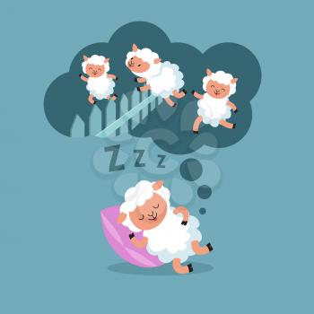 Counting sheep to sleep at night. Jumping lamb to happy dream cartoon vector illustration. Cute animal in sleep cloud