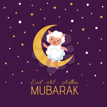 Eid mubarak arabian festival vector poster with cute cartoon sheep. Arabian religious banner,celebration eid-al-adha, mubarak illustration