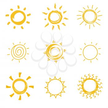 Hand drawn shining sun collection. Summer heat vector doodle sun symbols. Illustration of sun sketch, sunny and sunshine scribble drawing