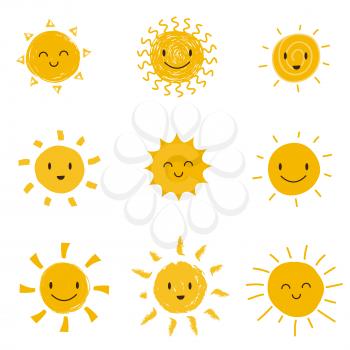 Cute happy sun with smiley face. Summer sunshine vector set isolated. Face smile sun, cartoon yellow shine illustration