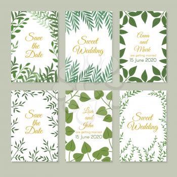Romantic wedding invitation cards with green garden decoration, leaves and branches. Spring floral art vector set. Floral leaf poster, nature branch plant illustration