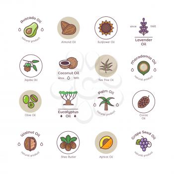 Healthy bio cosmetics oil linear vector logos. Avocado and almond oil, sunflower seed and lavender illustration