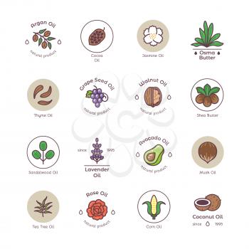 Skincare and beauty organic cosmetics oil vector line emblems and logos. Illustration of natural oil tea tree, coconut and avocado oil
