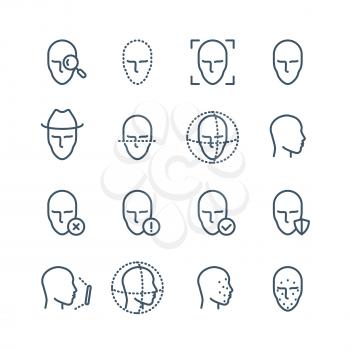 Face recognition line icons. Faces biometrics detection, facial scanning and unlock system vector pictograms. Facial scan, face biometric identification illustration
