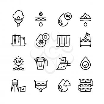 Effluent water treatment. Water purification linear vector icons. Illustration of purification sewer water, sewage filtered