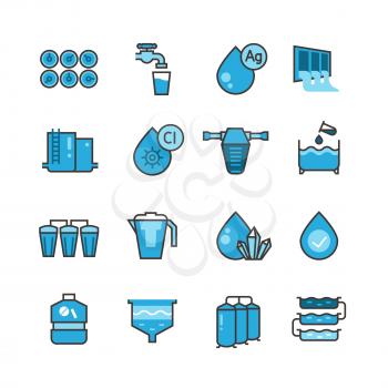 Dirty effluent water treatment plant and water filter for sewage sludge vector icons set. Sewage water, system purification illustration