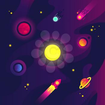 Cartoon space with spacecraft, small planets, meteorite and star in night sky. Flat science vector background. Planet in space, spaceship in galaxy illustration