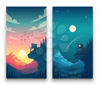 Day and night flat vector mountain landscape with moon, sun and clouds in sky. Vector concept for weather app. Landscape nature day and night illustration