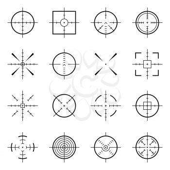 Unusual bullseye, accurate focus symbols. Precision aims, shooter target vector icons. Illustration of accuracy center, accurate target, aim to bullseye