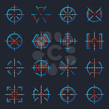 Futuristic optical military aims. Gun targets, focus range indicators. Sniper weapon target with hud UI to accuracy aiming vector icons. Set of aim crosshair, goal and target optical illustration