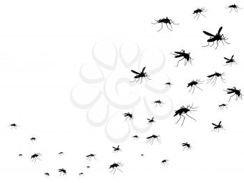 Flying mosquitoes black silhouette isolated. Insect flock in air. Viruses and diseases spreading medical vector concept. Insect mosquito black silhouette, gnat and pest illustration