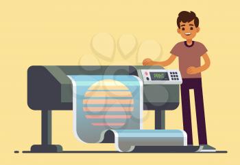 Man worker at plotter printing wide format large banner vector illustration. Printer and worker in office, printshop and polygraphy