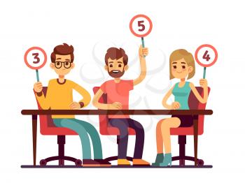 Jury judges holding scorecards. Quiz people show competition vector concept. Jury group committee, holding scorecard with number illustration