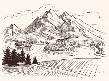 Pencil drawing mountain landscape. Cartoon sketch mountains and fir trees vector illustration. Landscape sketch mountain, tree and peak hill