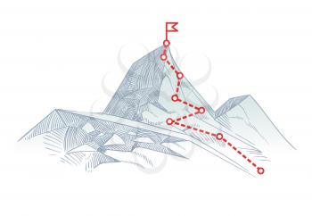Mountain climbing route to peak. Business journey path in progress to success vector concept. Mountain peak, climbing route to top rock illustration