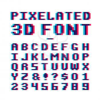 Video game pixelated 3d font. 8 bit pixel art old school latin alphabet with anaglyph distortion effect. Abc retro for game, alphabet pixel and numbe, 8-bit illustration