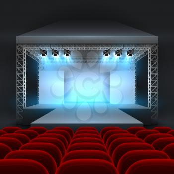 Empty theatre stage with spotlight lighting. Concert hall with podium and red seats rows. Show concert stage, podium interior for conference and performance. Vector illustration