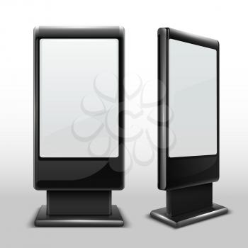 Blank interactive outdoor kiosk. Digital tv standing touch screen isolated vector mockup. Display kiosk stand, blank mockup advertising touch screen illustration