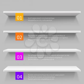 Empty modern store 3d shelves for product. Shop interior vector infographic template. Illustration of interior bookshelf, shelf with number order