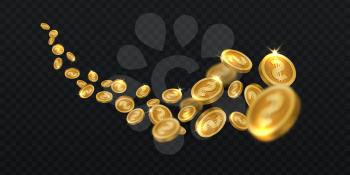 Flying golden coins. Gold coin rain isolated. Jackpot winning cash 3d vector illustration. Money gold coins, golden jackpot or earnings