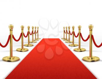Red carpet for celebrity with gold rope barrier. Success, prestige and hollywood event vector concept. Illustration of carpet red color for entrance vip