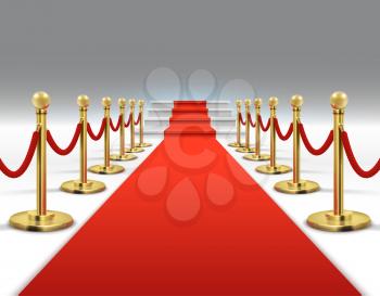 Hollywood luxury and elegant red carpet with stairs in perspective vector illustration. Red carpet and celebrity ceremony, event platform