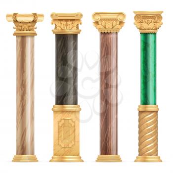 Classic arabic architecture golden columns with stone marble pillar vector set isolated. Marble column, pillar classical culture greece or roman illustration