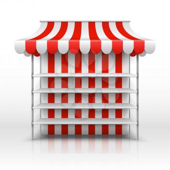 Empty market stall. Kiosk with striped awning vector template. Illustration of market kiosk with awning, retail and store street