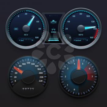 Realistic car dashboard speedometers with dial meter. Rapid symbols vector set. Illustration of dashboard with speedometer panel