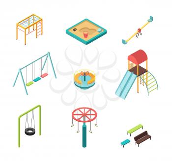 Isometric 3D outdoor kids playground vector cartoon elements isolated. Illustration of slide and swing, ladder and sandpit for playground