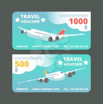 Gift travel voucher, travelling promo card. Ticket with flying airplane in the sky vector set. Illustration of airplane gift voucher, card for travel and vacation