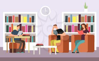 Students reading and searching books in public library interior with bookshelves cartoon vector illustration. People literature studying, education with books