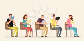 Young people studying with books in group. Friends reading together. Team education lifestyle vector concept. Education people, students character reading and learning illustration