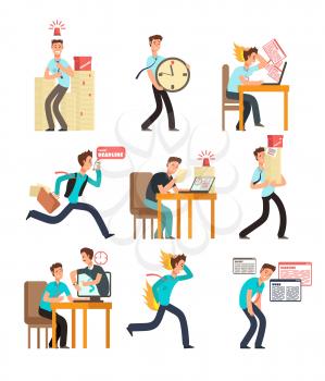 Stressed office people for deadline and time management concept. Businessman under deadline workload. Vector characters set isolated. Illustration of business office stress, deadline work