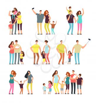 Happy family groups. Adult parents couple playing with kids vector cartoon people isolated. Father and mother character, parents with daughter and son illustration