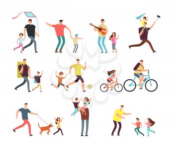 Daddy playing with happy children. Fatherhood and fathers day related people cartoon characters vector isolated. Daddy father with child, family happy, parent and daughter illustration