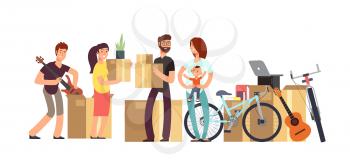 Couple and kids holding cardboard box with household stuff. Moving day vector concept. Illustration of cardboard box for moving, delivery package relocation