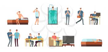Man in everyday life. People daily routine vector cartoon businessman characters set. Work character everyday, man life and business illustration