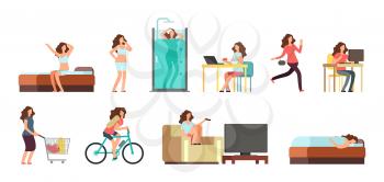 Smiling happy woman in everyday life. Active girl normal daily routine vector cartoon lifestyle characters set. Illustration daily, everyday life girl, sleeping and shower, breakfast and shopping