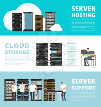 Hardware server system and network administration. Data storage engineering service. Vector hosting server and support service administration illustration