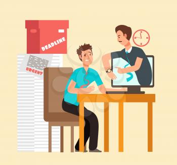 Frustrated man workaholic with laptop and angry boss. Overworked staff and deadline vector concept. Deadline worker, man frustrated and busy overwork illustration