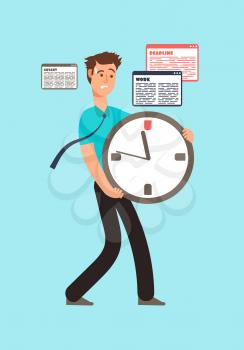 Stressed worker holding clock with running out time. Deadline vector concept. Worker stress holding big watch illustration