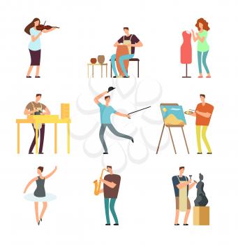Happy people of art and music. Cartoon artists and musicians vector isolated characters in creative artistic hobbies. Art character musician and fashion designer, carpentry and composer illustration