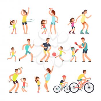 Happy sport family. Mom, dad with kids doing sports exercises outdoor. Parents and children in fitness activity Vector people active with children illustration